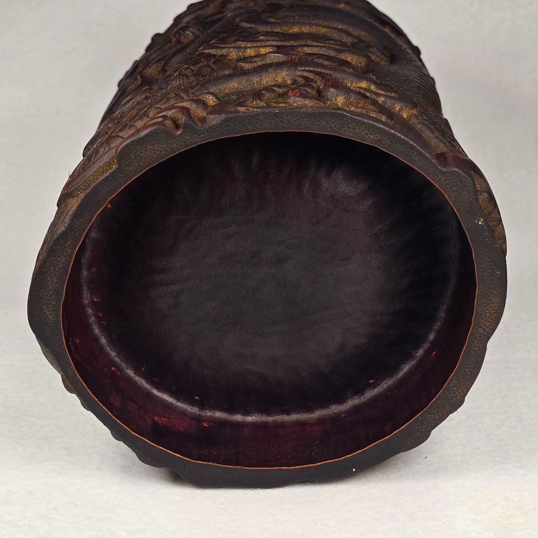 文房具 本物古竹材 細工 浮彫り 雲中飛龍紋 筆筒 美品 激安