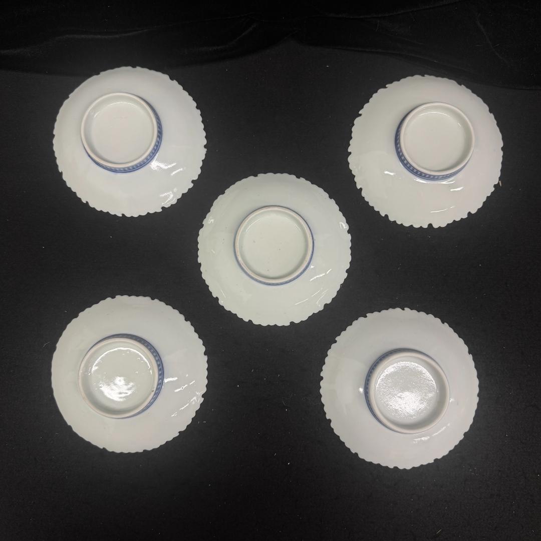 古平戸焼 染付 牡丹花形蝶文皿5客 時代箱付 江戸後期 平戸御用窯 古伊万里