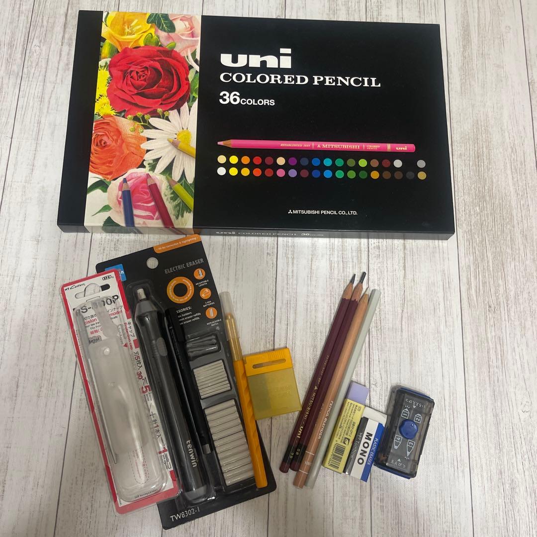 uni 色鉛筆セット 36色 他、色鉛筆画スタートセット