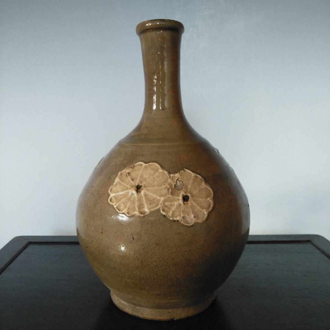 NO632 相馬焼　徳利　イッチン　蝶と花模様　古相馬