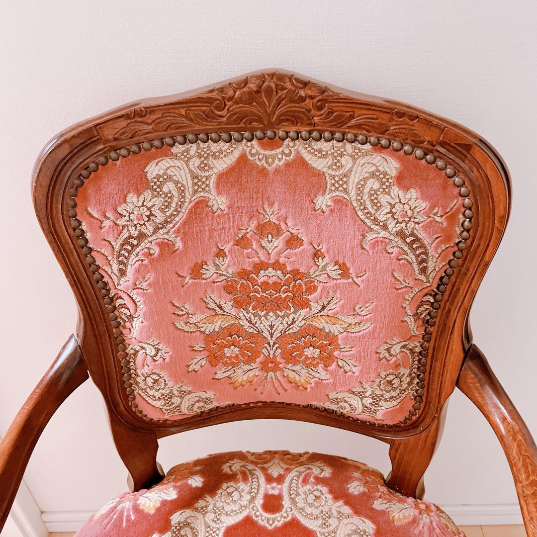 アンティークチェア　肘付き　ロココ調　猫足　ヴィンテージ　ピンク　イス　金華山張