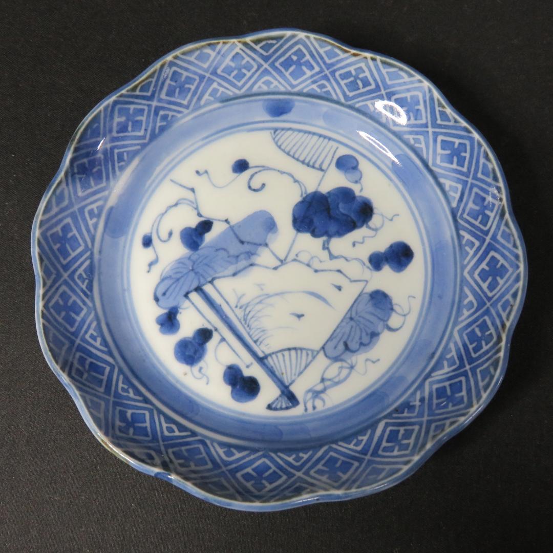 染付皿 4枚 扇子 小皿 江戸後期 訳アリ 窯傷 歪み 欠け