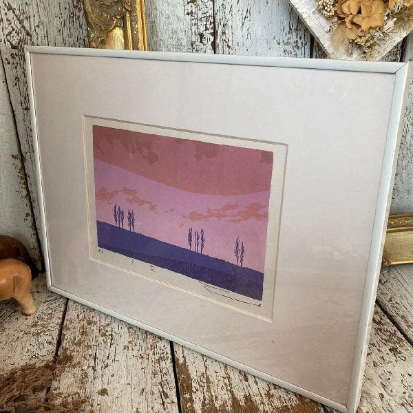 稀少*紺綬褒章受章 本間武男 作*直筆サイン入 シルクスクリーン 版画 AP夕空