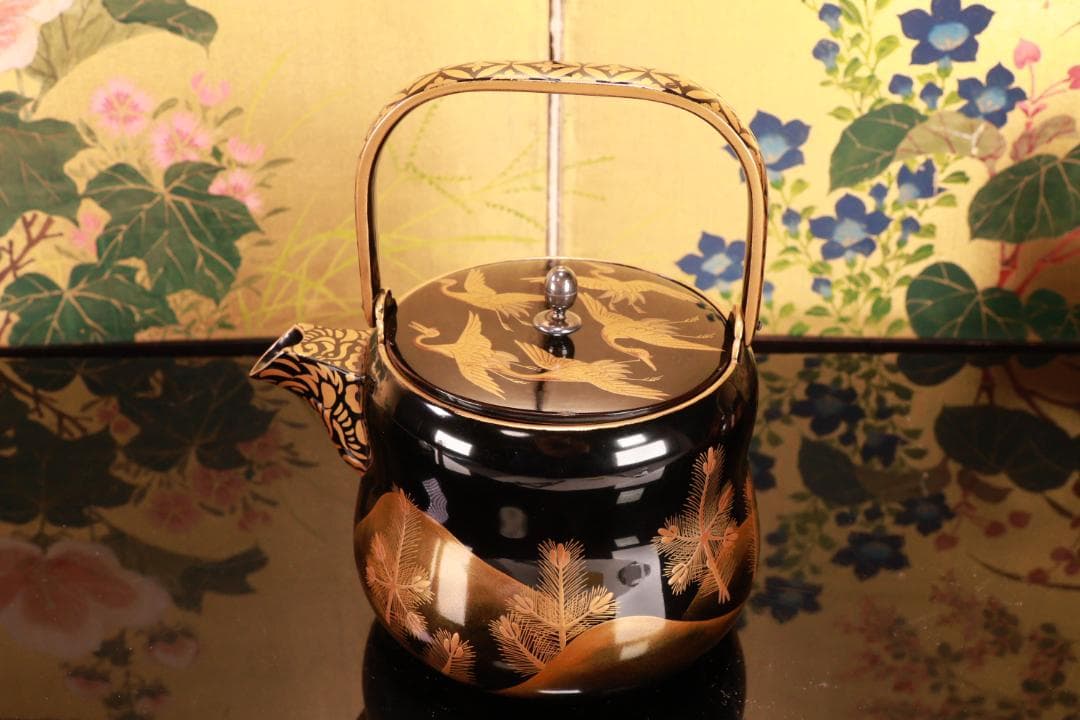 BJ009 高級漆器　時代輪島塗　若松鶴蒔絵　銚子 一対　銀摘　酒道具　懐石道具