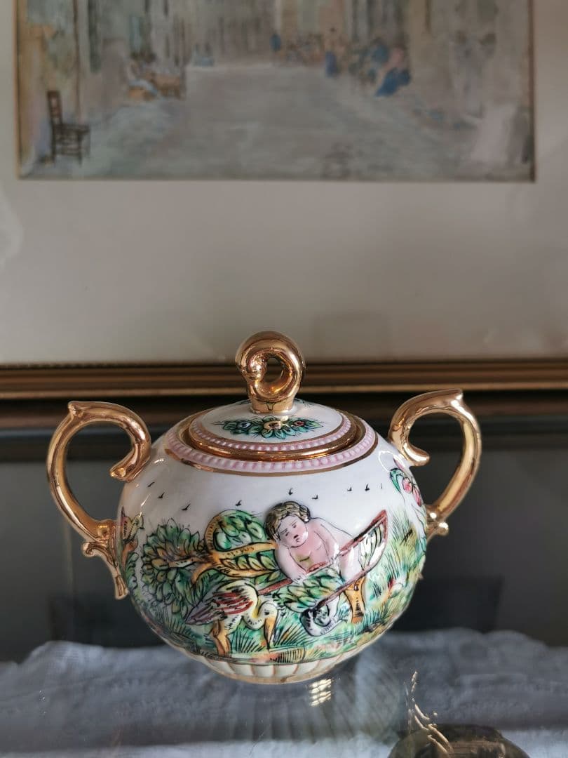 アンティークイタリア カポディモンティ 子供と鳥 実り 釣り 収穫シュガーポット