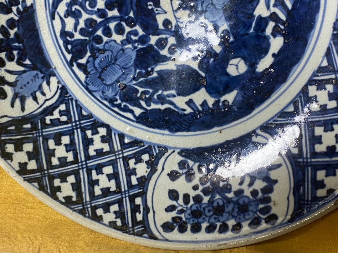 中国美術　呉須染付牡丹鳳凰文大平鉢 大盤 安南大皿 明末～清初 時代箱　骨董品