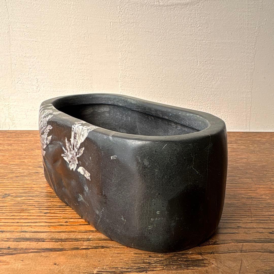 菊花石 鑑賞石 くり抜き 花器 水盤 いけばな 黒 茶花 レア 骨董 珍品