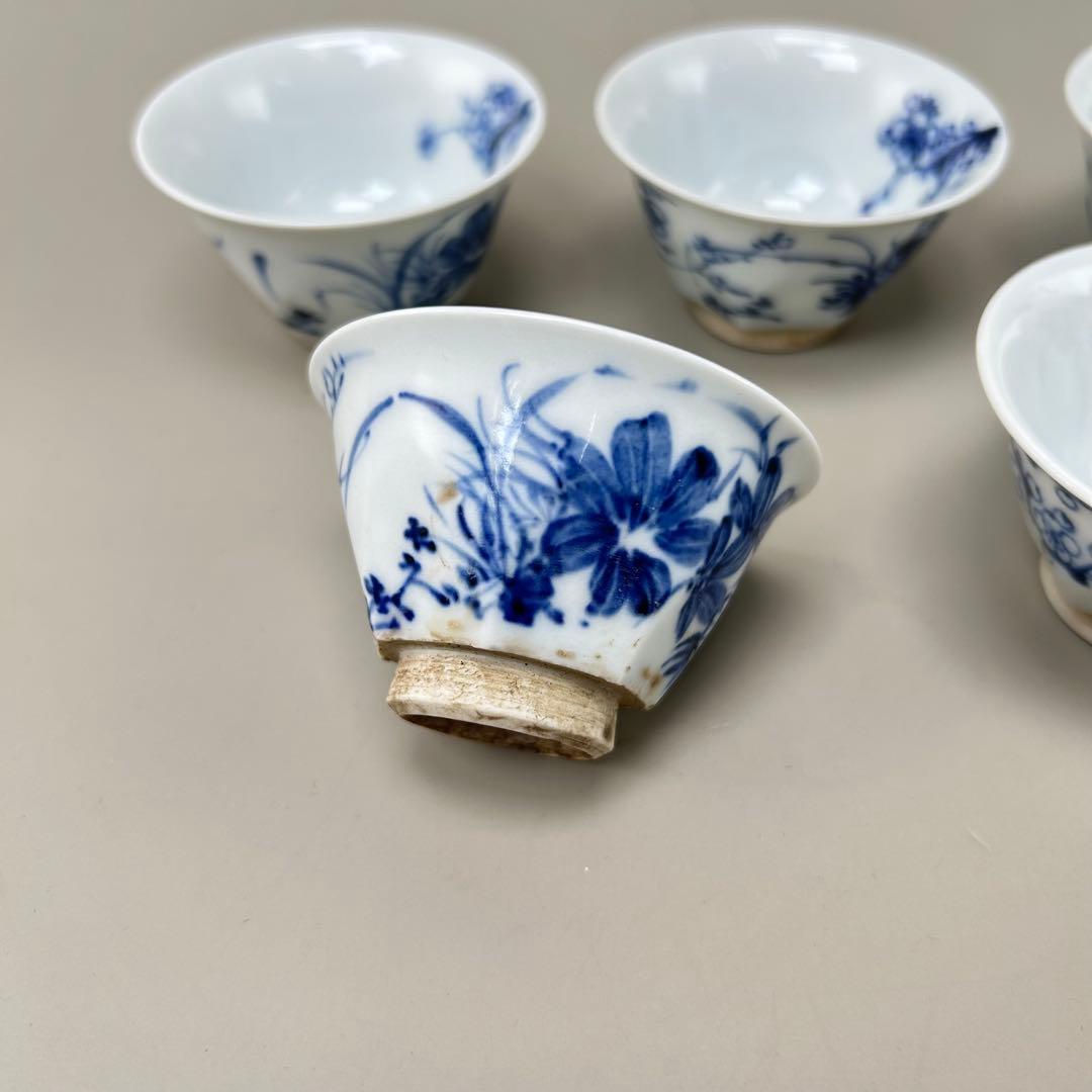 清水七兵衛 茶道具 京焼　名工　染付　草花文　 5客セット