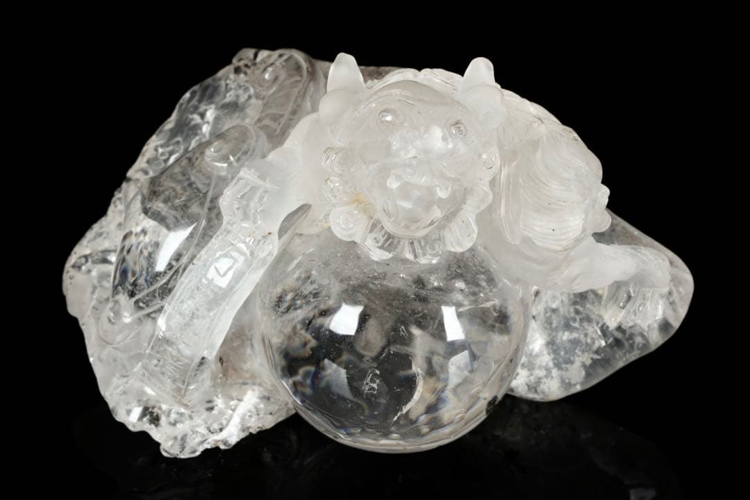 中国美術 水晶玉乗獅子 万事如意刻印 置物 老水晶彫 古水晶 唐物 古美術 骨董