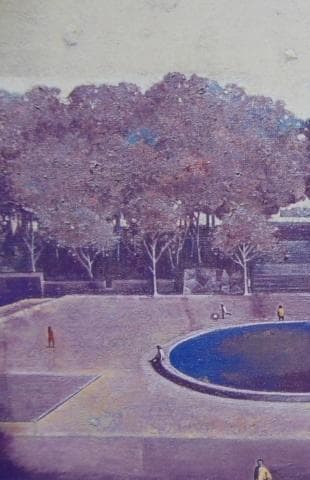 本山唯雄、【広場の午後】、希少な額装用画集より、新品額装付、状態良好