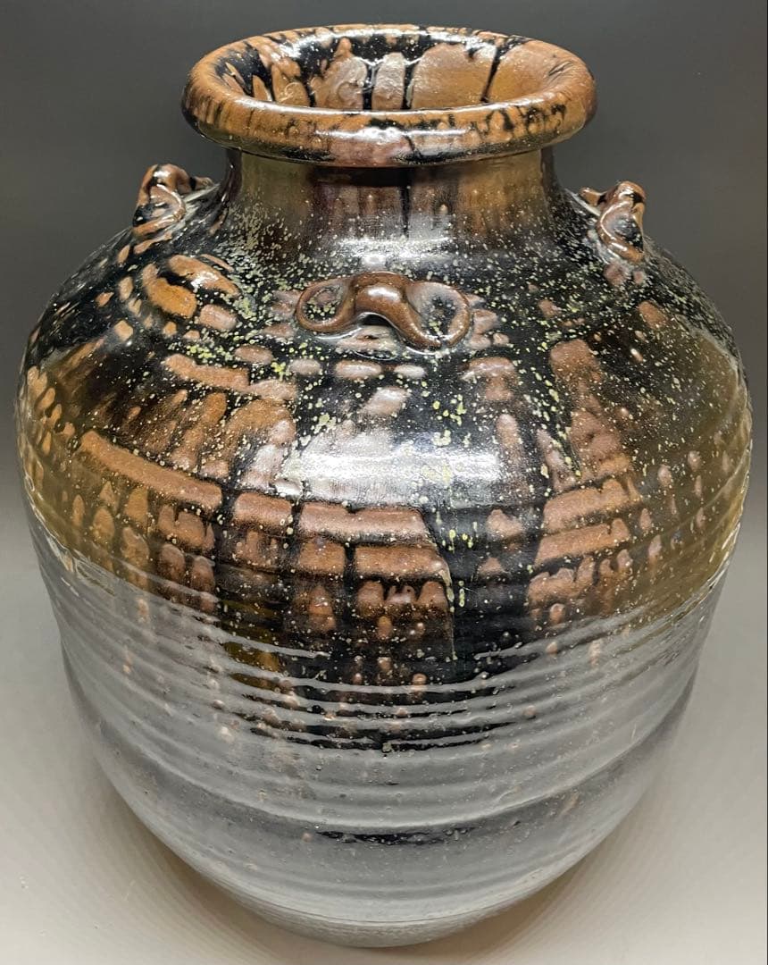 丹波焼　丹泉窯　四耳壺　葉茶壺　特大40cm 　e9033