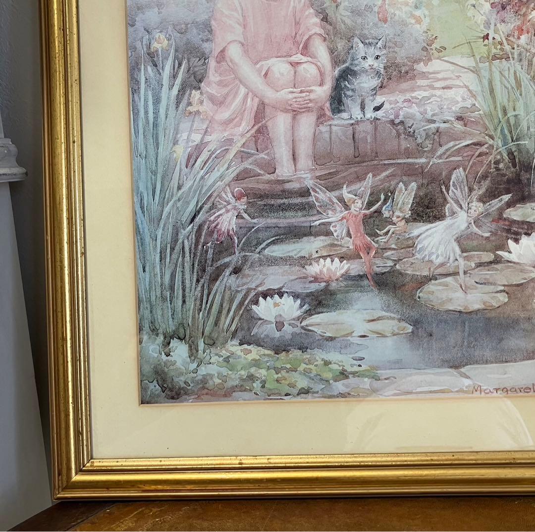 スコットランド製マーガレットタラント少女猫妖精水彩複製画額付き