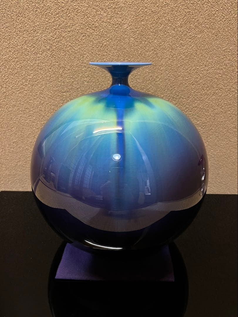 人間国宝　三代徳田八十吉　【正彦】　碧明釉　壺　 23cm