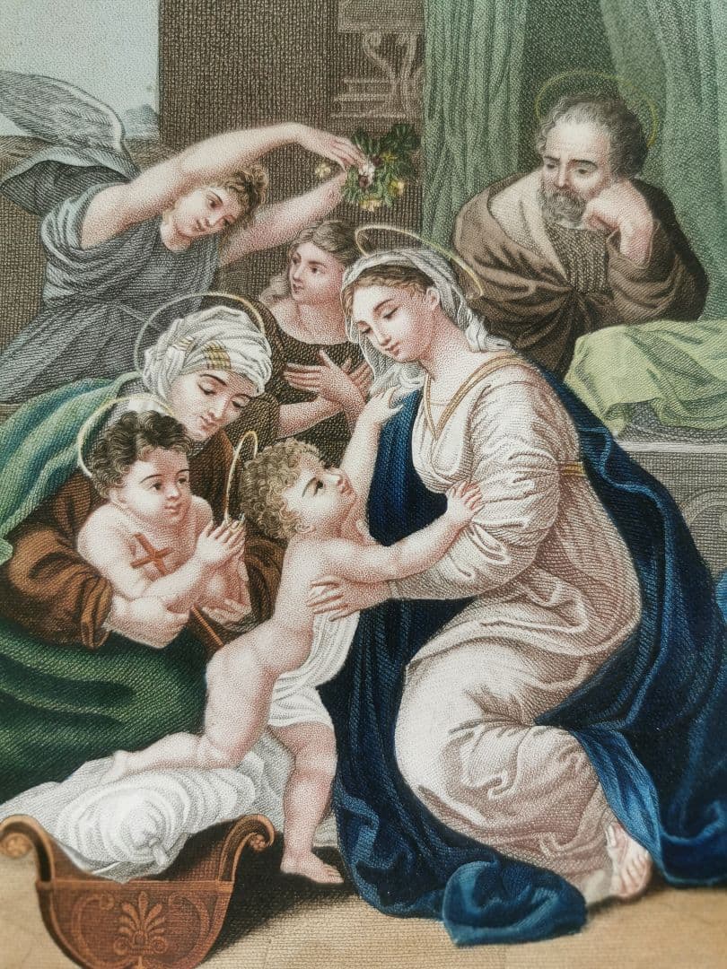 アンティークフランス銅版画 ラファエロの聖家族と予言者ヨハネと天使達 レース装飾