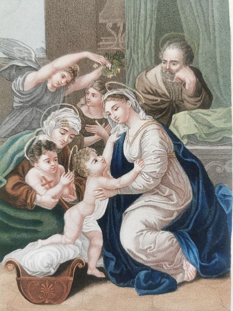 アンティークフランス銅版画 ラファエロの聖家族と予言者ヨハネと天使達 レース装飾