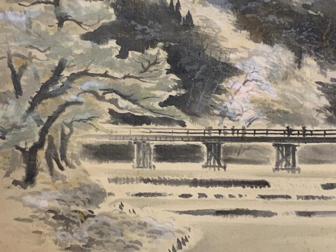 梅原藤坡 嵐山の春 絹本肉筆 掛軸 共箱 京都 土田麦僊師事 841