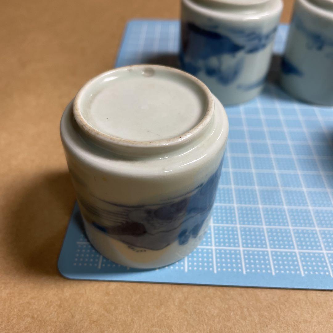 染付山水紋覗猪口五客　【m60 古伊万里　江戸　骨董　レトロ　おちょこ　時代物】