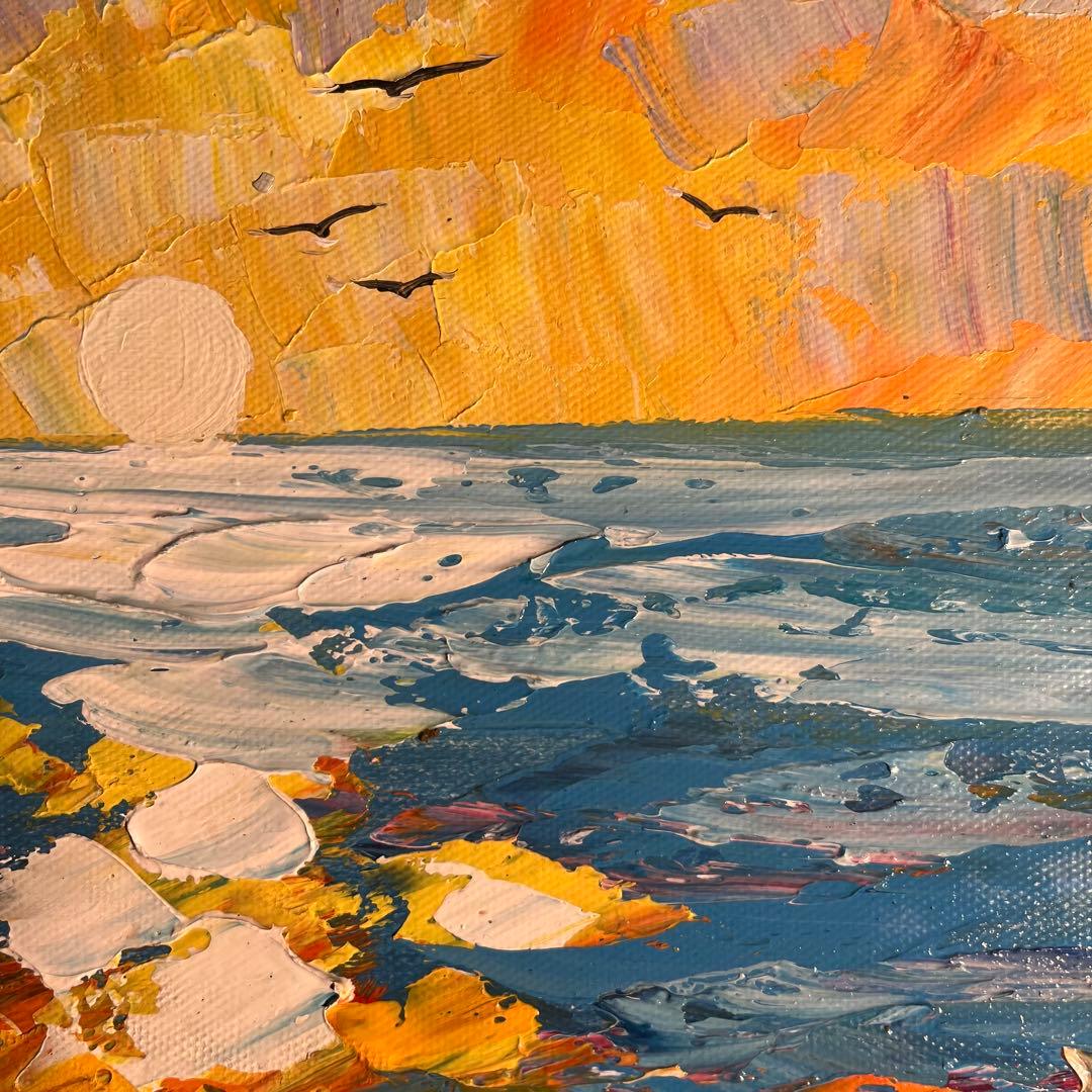 手書き油絵 sun set夕陽 額付 インテリア 油彩画 肉筆絵画