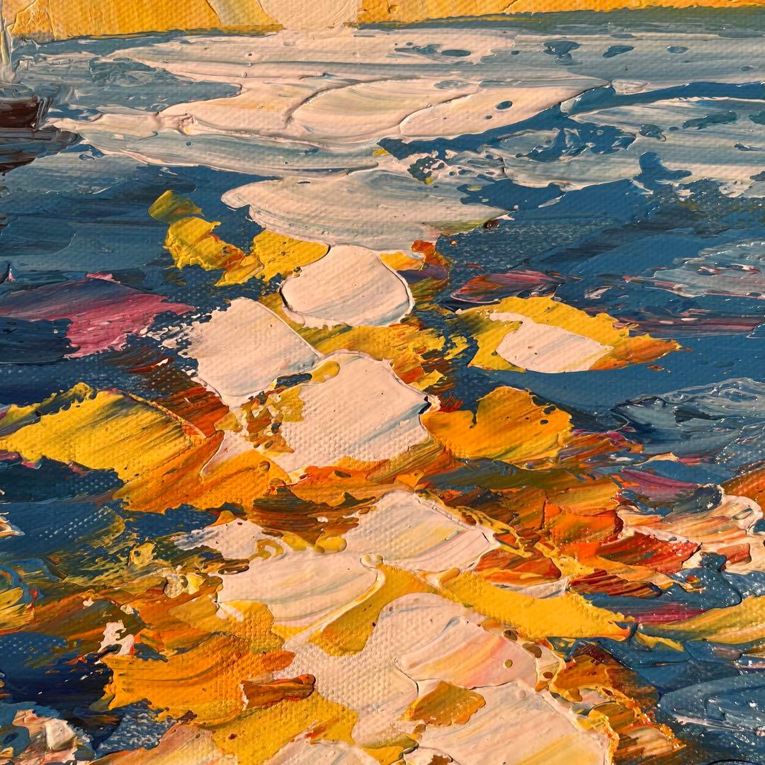 手書き油絵 sun set夕陽 額付 インテリア 油彩画 肉筆絵画