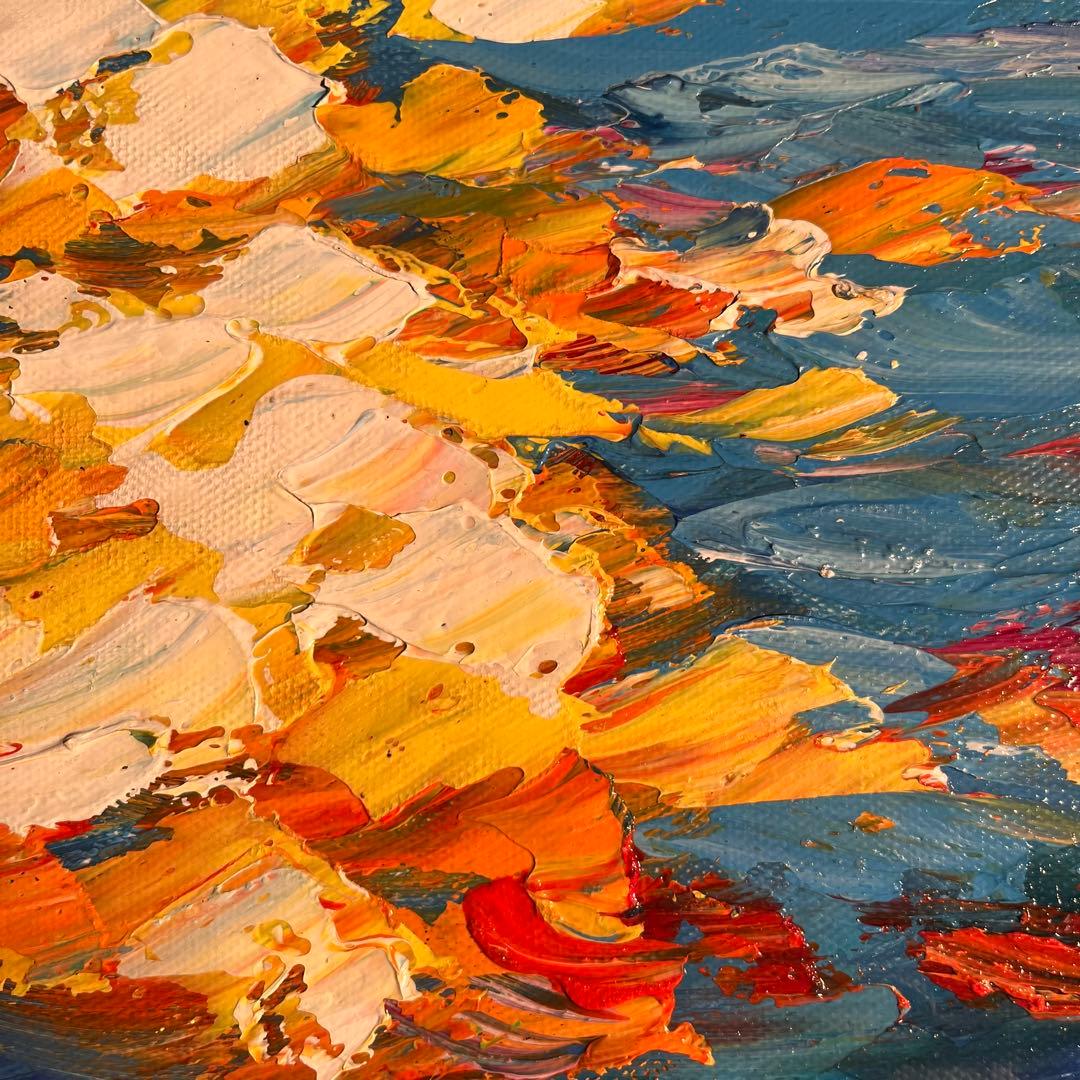 手書き油絵 sun set夕陽 額付 インテリア 油彩画 肉筆絵画