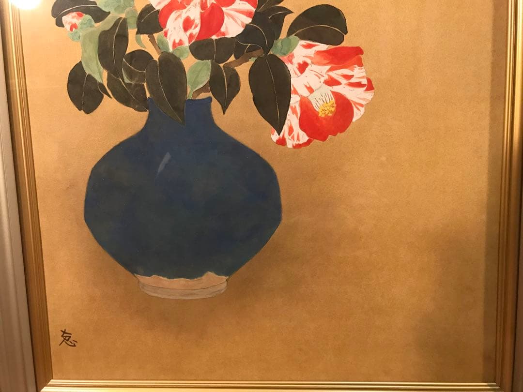 堀川えい子　「花椿」　日本画Ｆ８号　直筆サイン・共シール有り