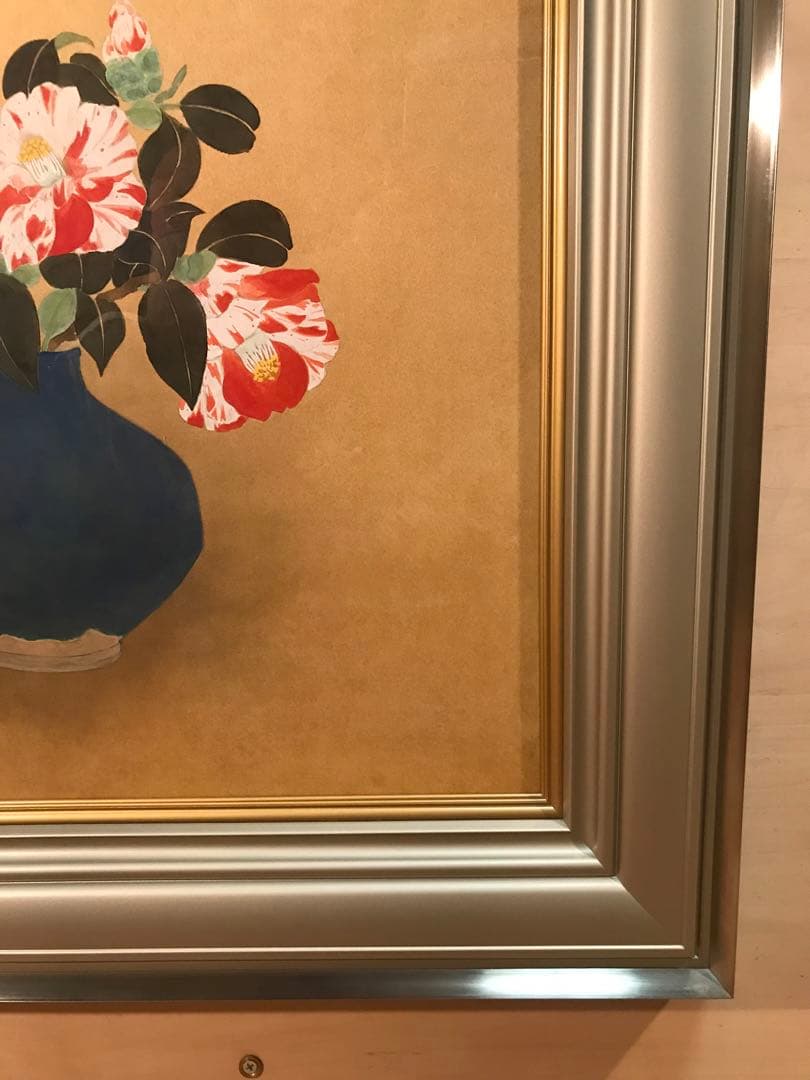 堀川えい子　「花椿」　日本画Ｆ８号　直筆サイン・共シール有り