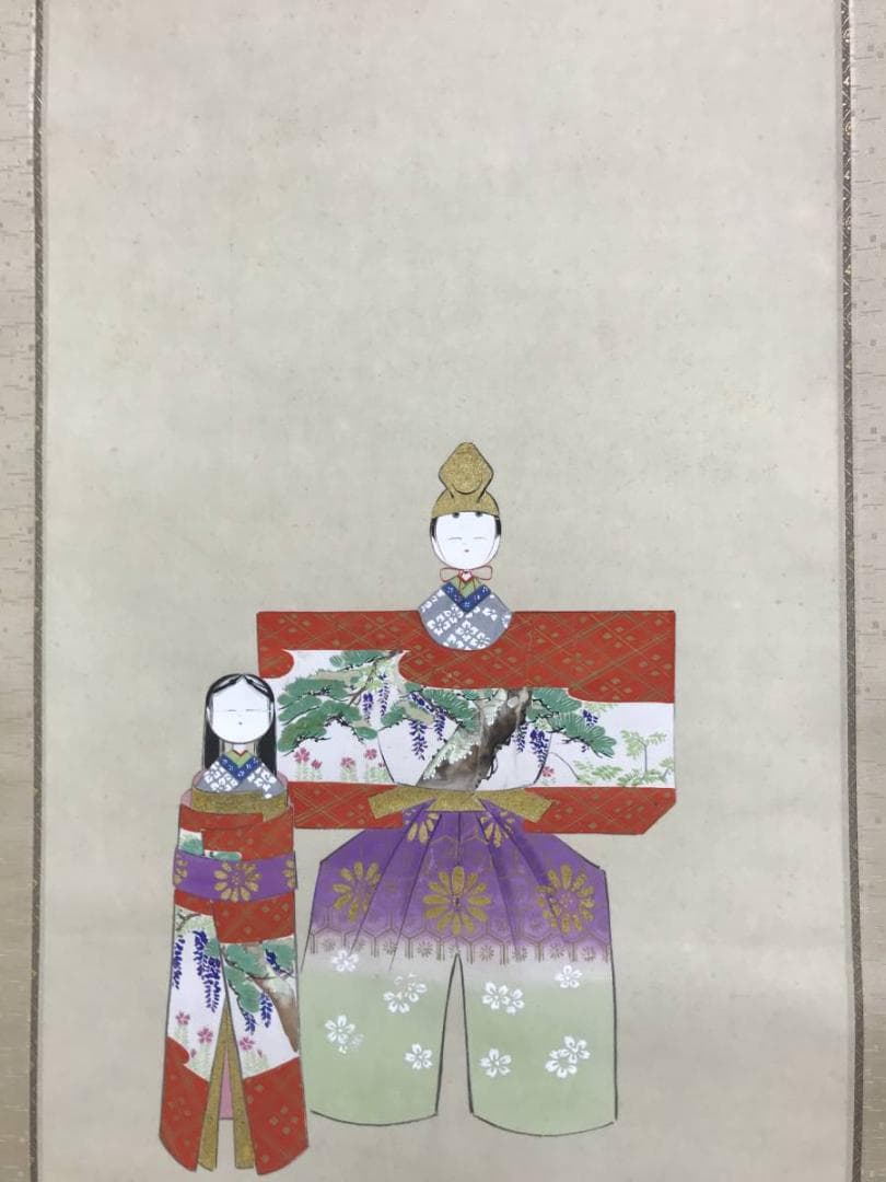 真作/丹生/ヒナ図/雛図/桃の節句図/立雛図/掛軸☆宝船☆AE-311