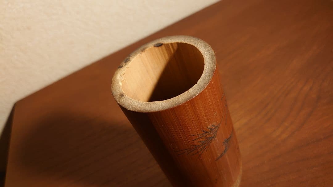 杓立　竹製　筆筒　陰刻　鳥の図　アンティーク茶道具　蔵出し　１客