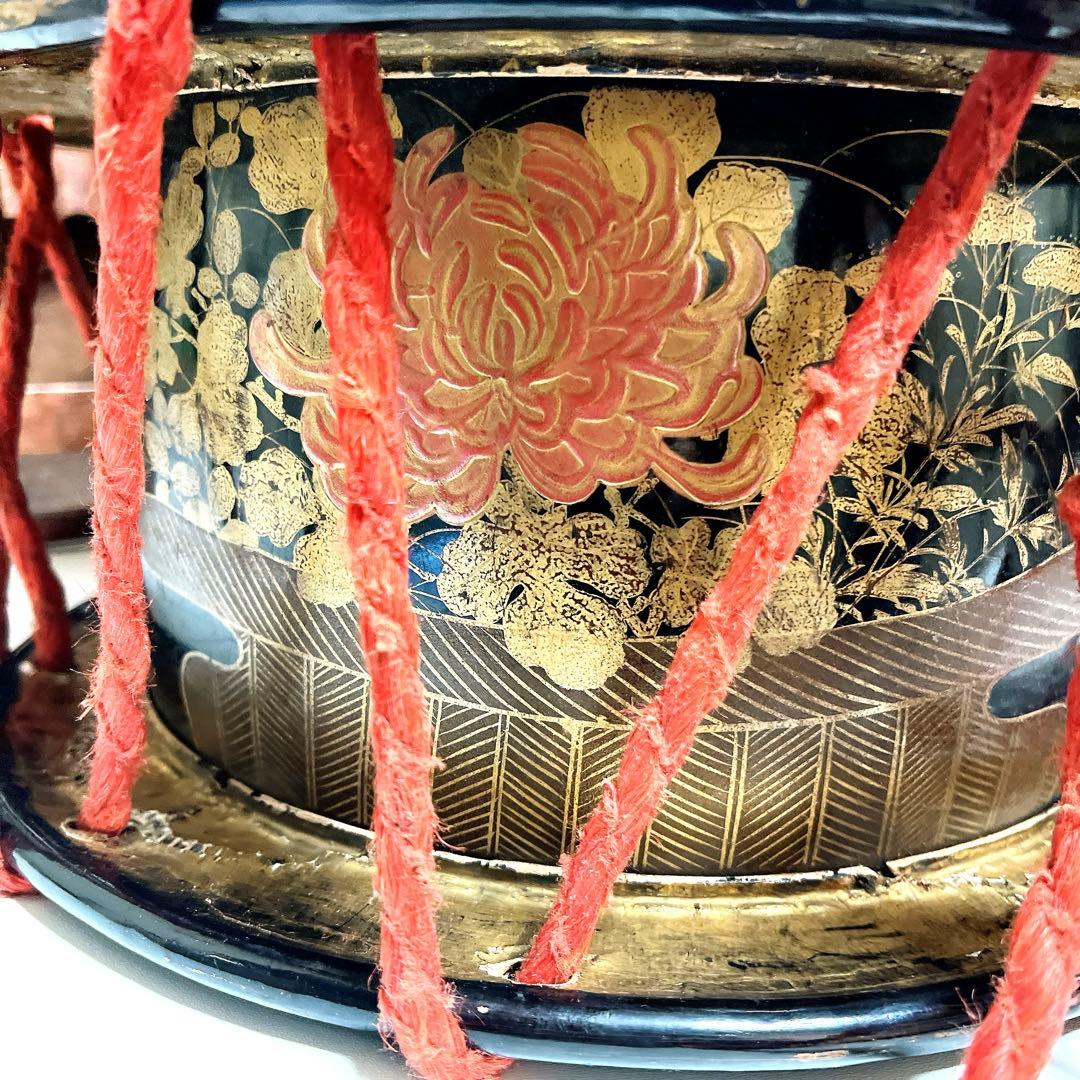 【蔵出し品・希少】 締め太鼓 和太鼓 蒔絵 金彩 直径34.5cm 明治44年