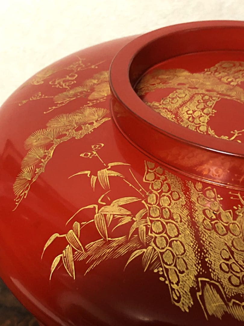 時代 蒔絵 朱塗り 金彩松竹梅 鶴亀 木製菓子鉢 合わせ箱付き