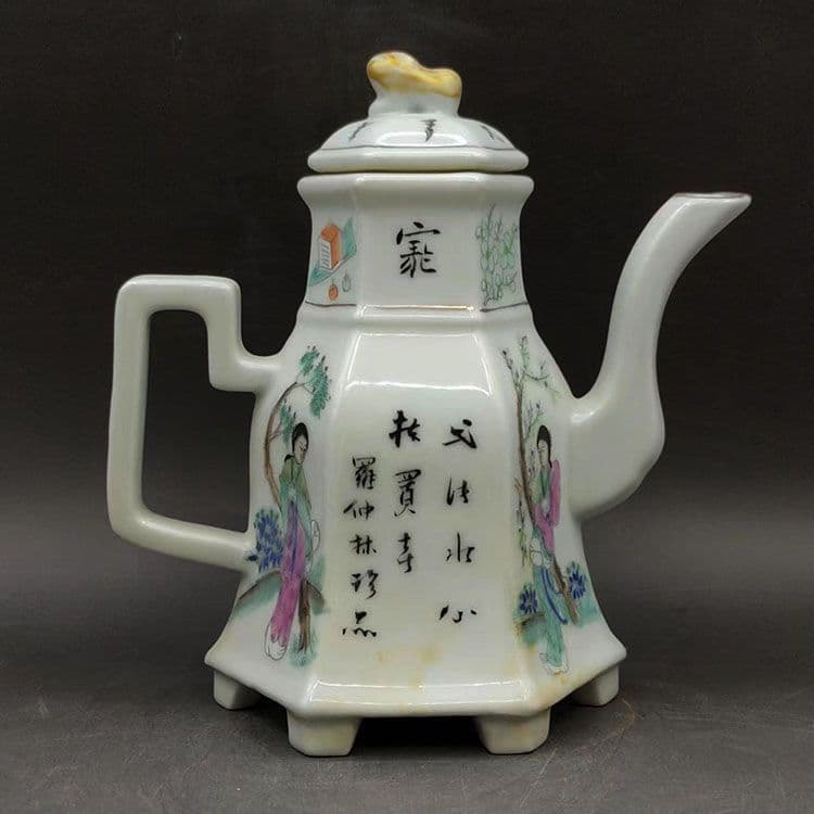 パステル仕女人物六方徳利 茶壺 景徳鎮 陶磁器 装飾品 現代工芸品 美術品 置物