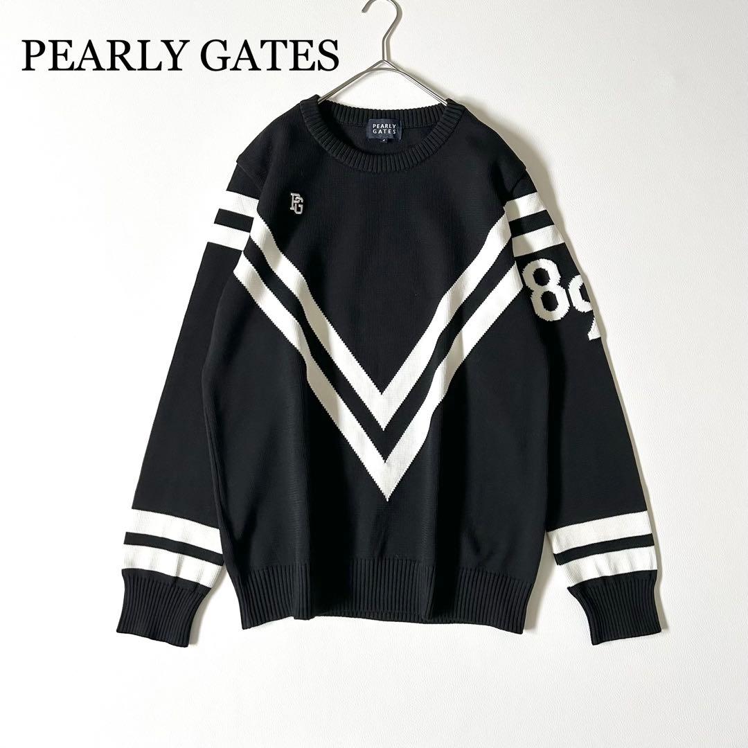 3123y極美品 パーリーゲイツ ロゴ入りクルーネックゴルフニット黒 近年モデル