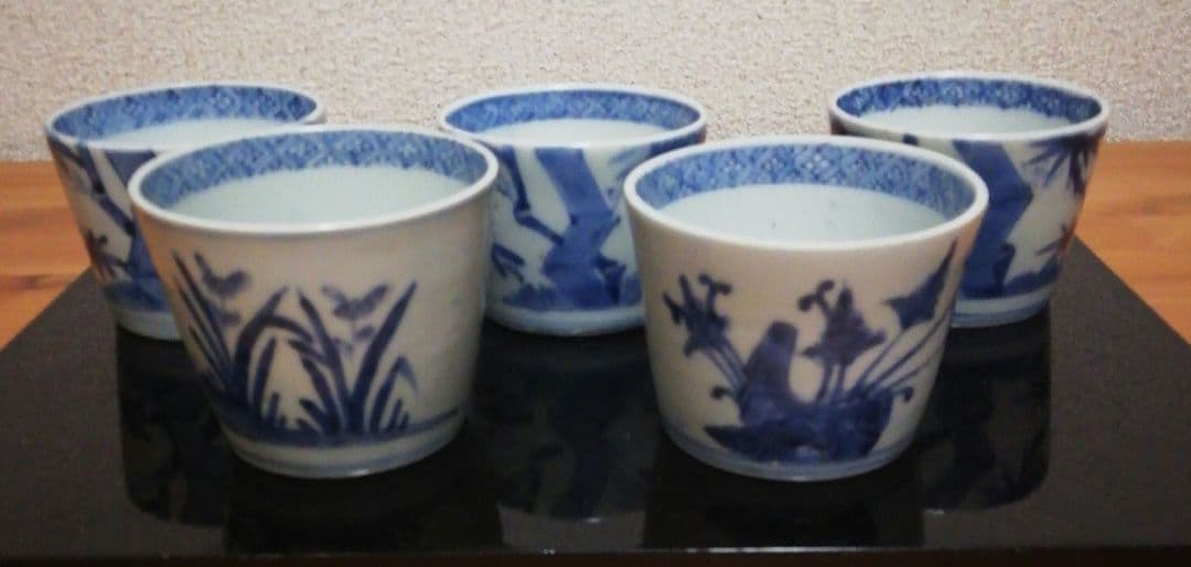 古伊万里　染付　蕎麦猪口　花図　四客　食器