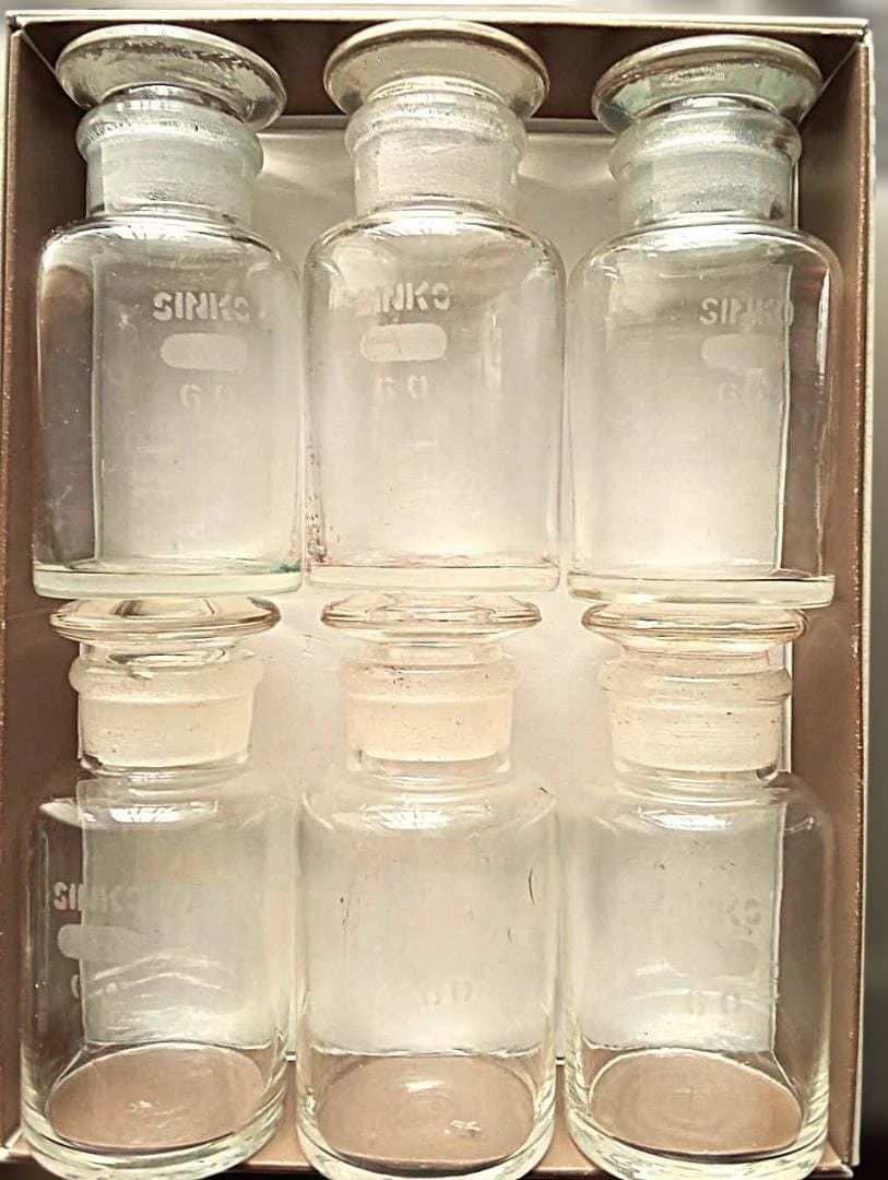 昭和レトロ 吹きガラス製 気泡有り 刻印入り 理化学硝子瓶 6本セット・美品