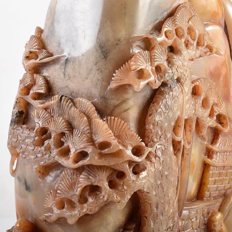 中国　玉石彫刻　山水人物刻　床飾　置物　在銘　唐木台付　K　R7727