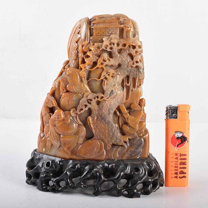 中国　玉石彫刻　山水人物刻　床飾　置物　在銘　唐木台付　K　R7727