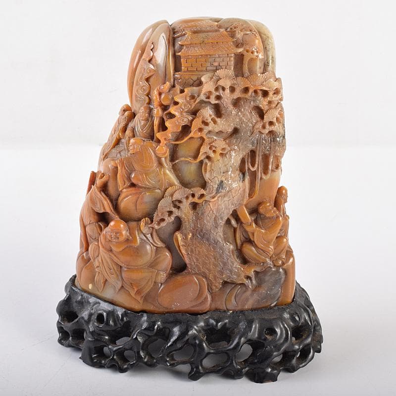 中国　玉石彫刻　山水人物刻　床飾　置物　在銘　唐木台付　K　R7727