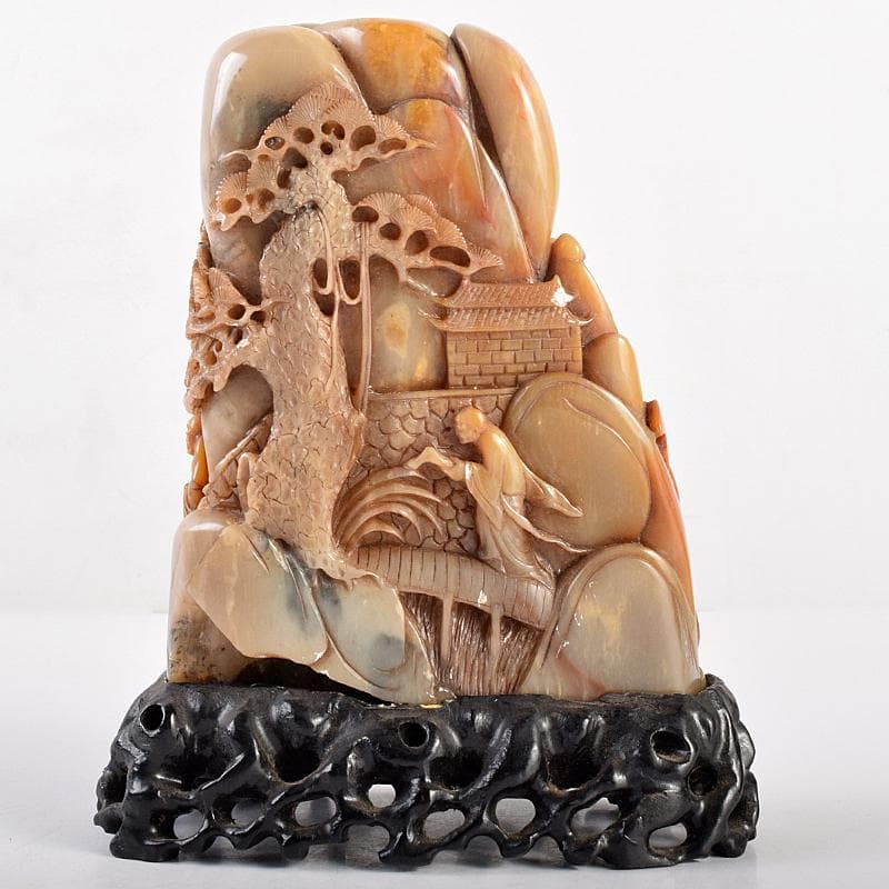 中国　玉石彫刻　山水人物刻　床飾　置物　在銘　唐木台付　K　R7727