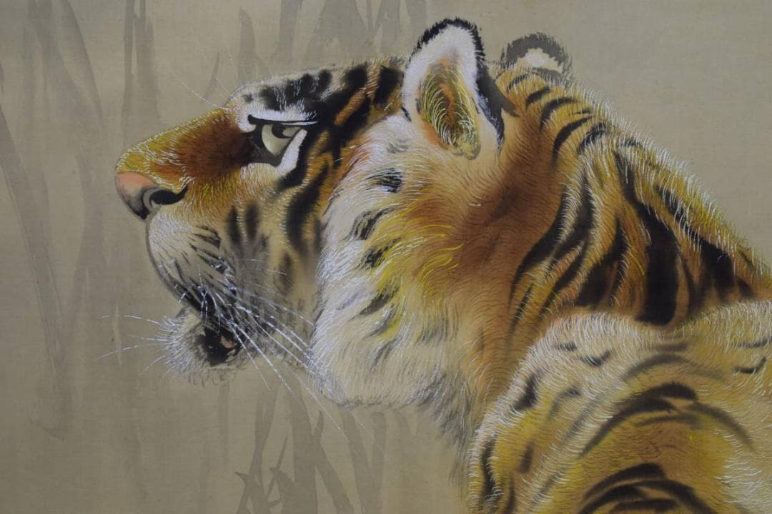 真作/佐々木美山/月下猛虎図/布袋屋掛軸HI-373