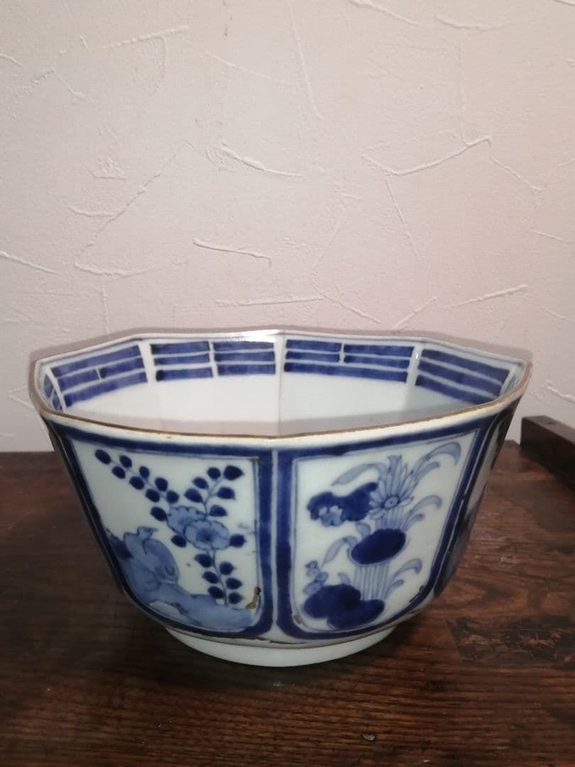 江戸時代 古伊万里 染付 花鳥文様 八角鉢