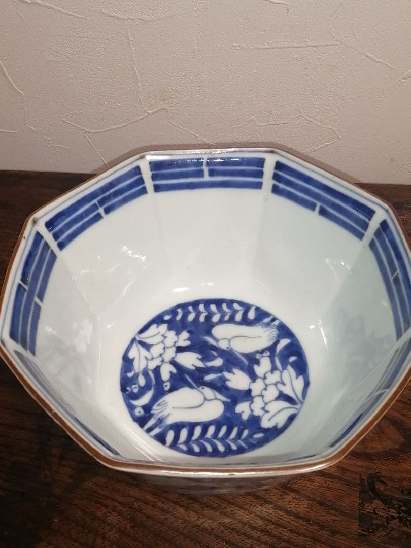江戸時代 古伊万里 染付 花鳥文様 八角鉢