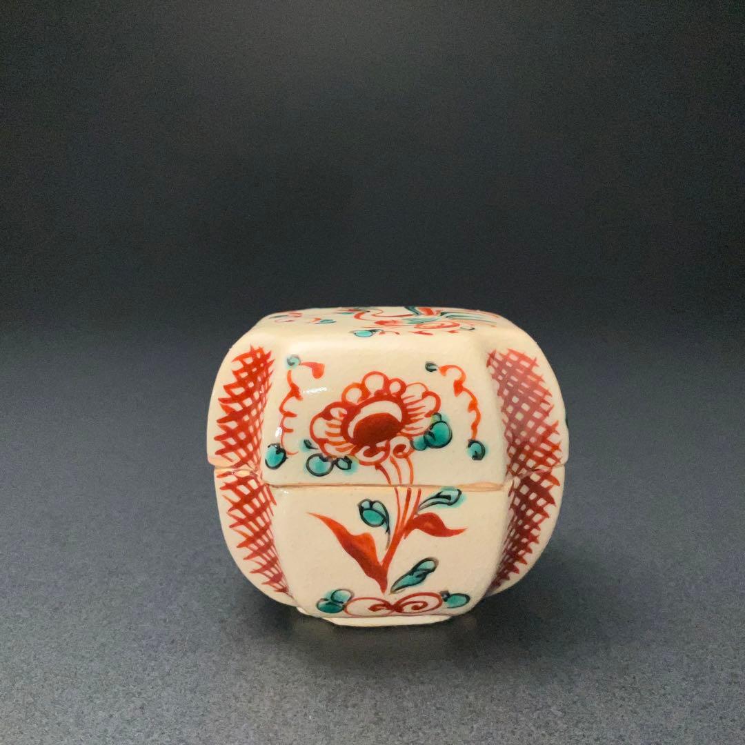 香合　赤絵呉須香合　瑞山　花鳥　共箱　R1232ダW