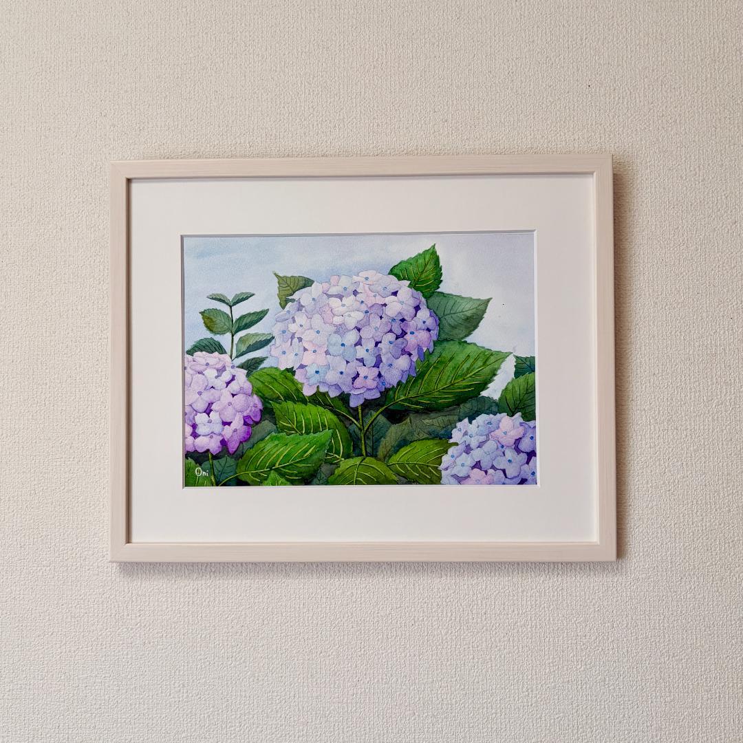 透明水彩画　原画　「薄紫のアジサイ」額縁付　４Fサイズ　風景画