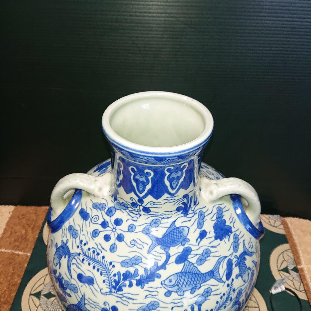 時代物、染付、魚藻紋壺、花瓶