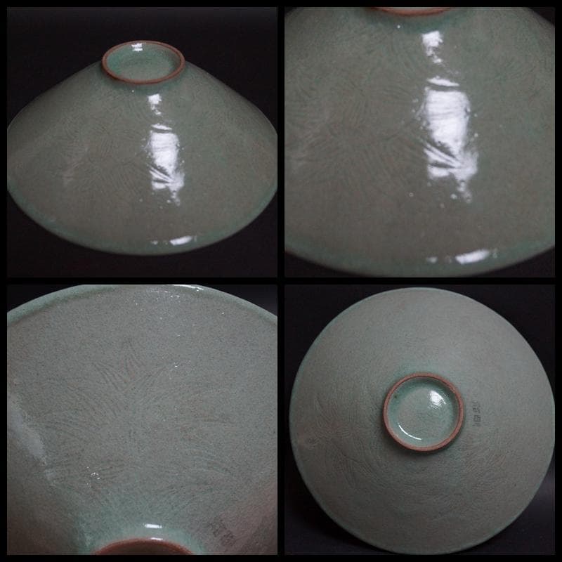 韓国人間国宝 柳海剛(柳根瀅) 青磁象嵌雲鶴文 茶碗 共箱★茶事/茶道具★