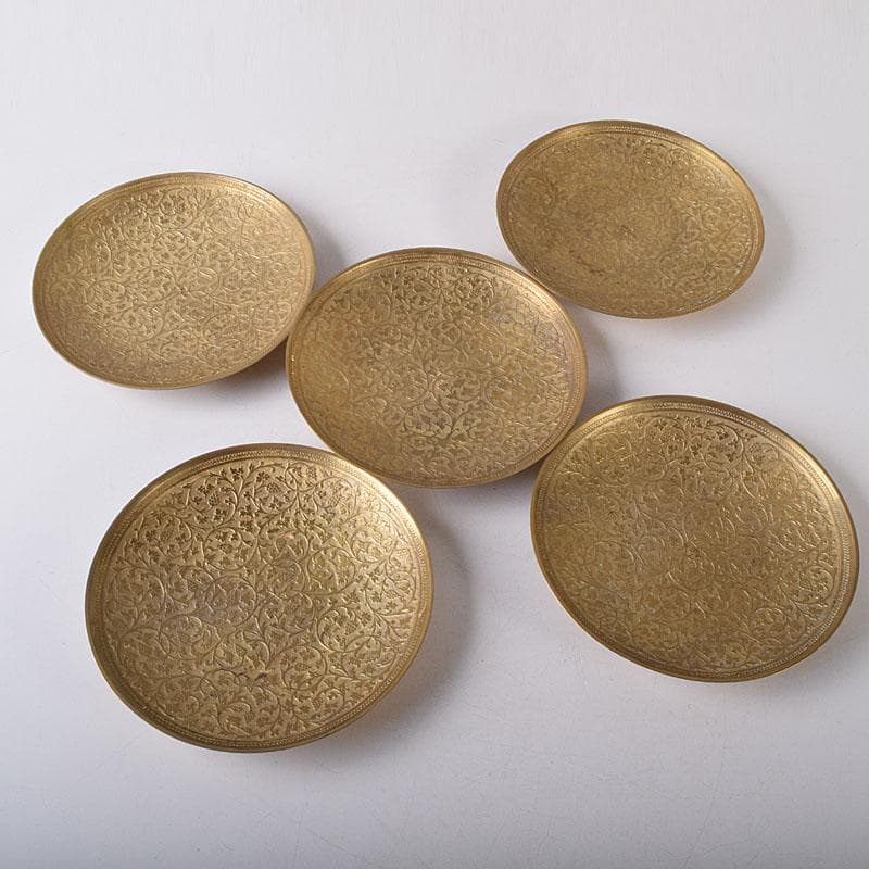 時代金工　印度製　黄銅　苺唐草文　槌出　皿　五客　時代箱　V　R8304