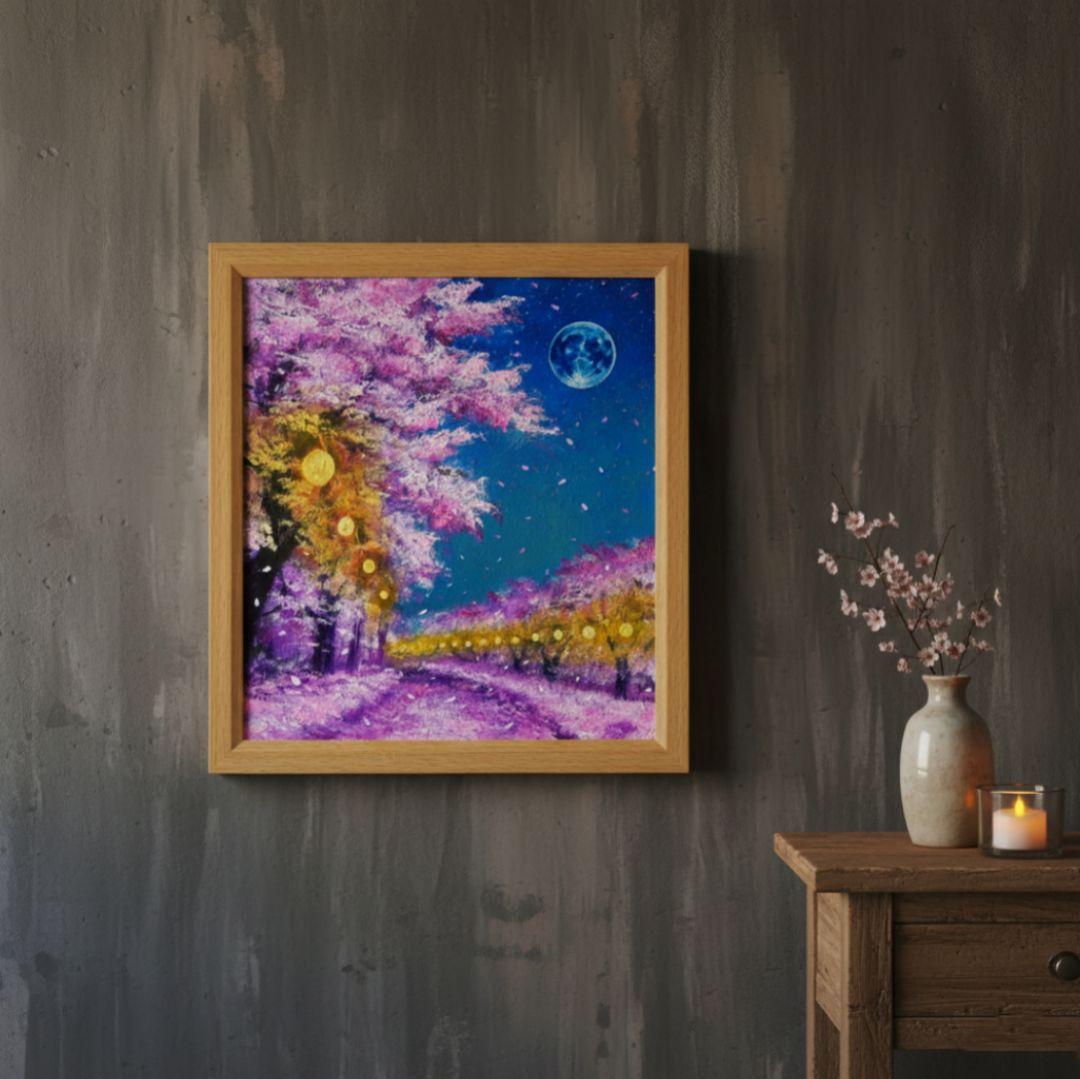 油絵 油彩 油彩画 絵 絵画【夜桜と青い満月】