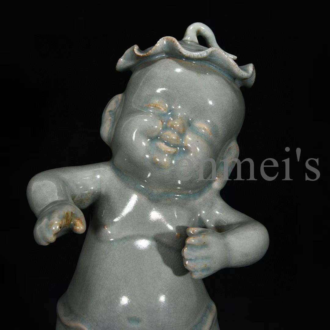 中国古美術・宋汝窯風 淡青釉 童子人形 3体セット・陶器製・文房置物・賞物