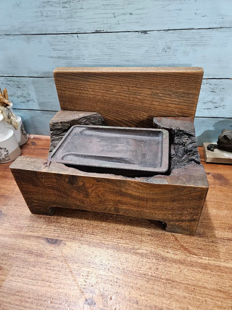 アンティーク 古硯 在銘 玉泉作 渭原石 木製ケース 墨 松山堂監製 天然木製