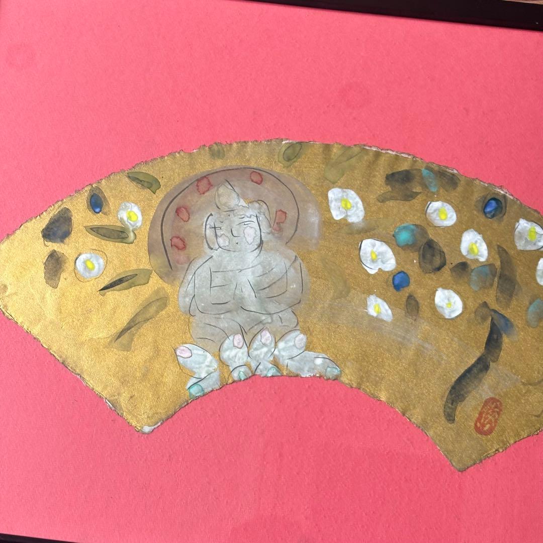 渡辺俊明「椿仏灯」墨彩画 額装 扇面 絵画 C